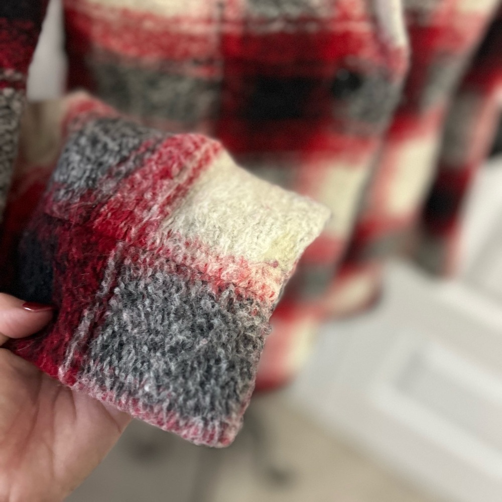 Madewell Wool Plaid Red and Black Winter Pea Coat - Picture 5 of 11